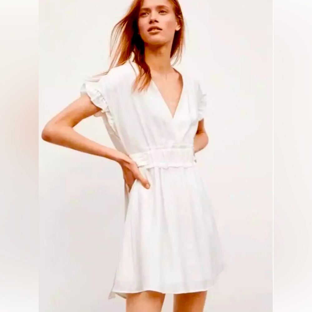 Zara women’s ruffle sleeve surplice neckline side ties, slit back mini dress.